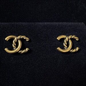 CHANEL Gold-Tone Twisted CC Logo Stud Earrings